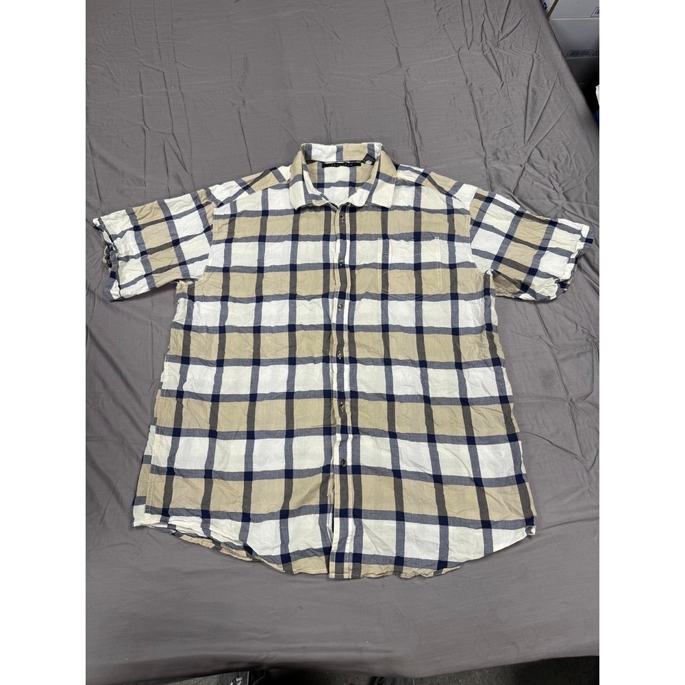 Sean John Mens 3XLT Plaid Button Down Shirt Short Sleeve Tan Navy Blue Cotton